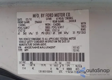 2010 Mercury Mountaineer from USA, damaged, VIN 4M2EN4HE4AUJ04297